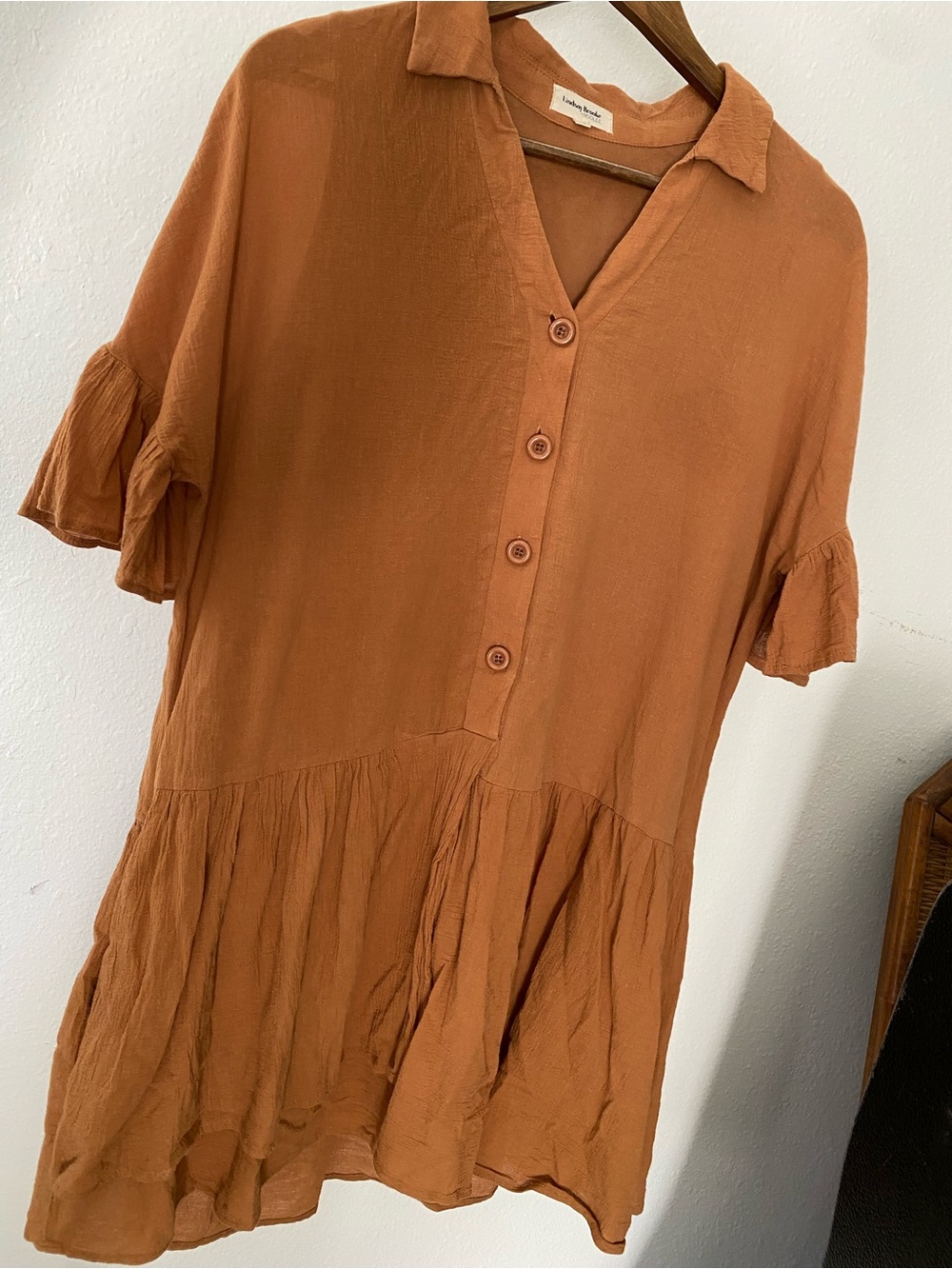 Roolee Chestnut Brown Button-Front Dress with Ruffled Sleeves